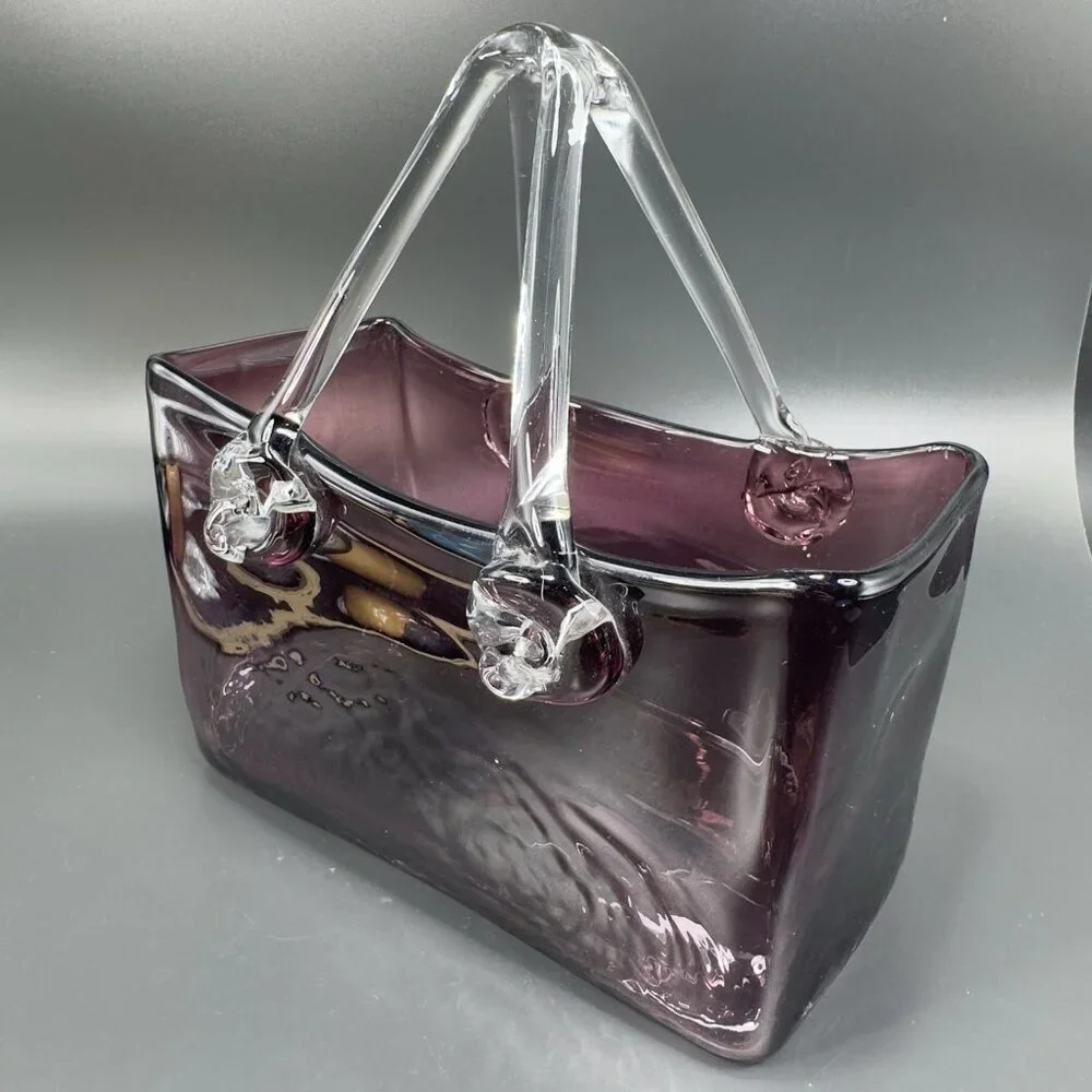 Vintage Amethyst Purple‎ Hand Blown Glass Purse Bowl Dish With Clear Handles VTG